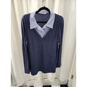 Sese Code Heather Blue Blouse with Blue/ White Pinstripe Collar XL